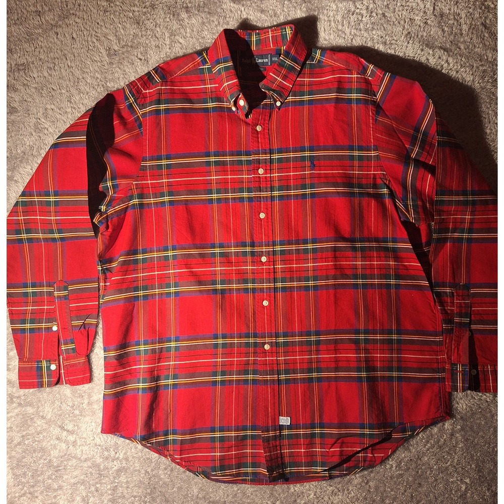 Vintage Ralph Lauren Mens XXL Button Down Shirt Long Red Plaid Cotton 90s Work